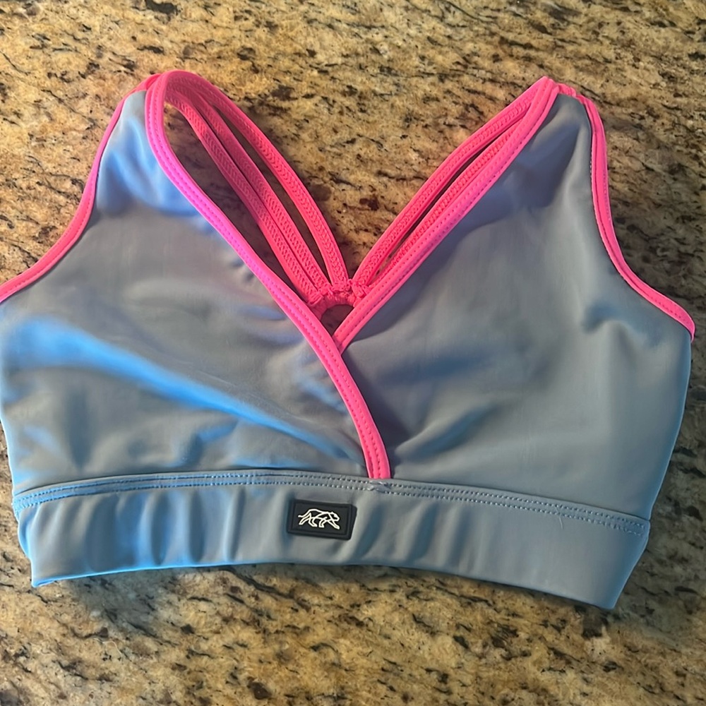 Tiger Friday pink and gray sports bra